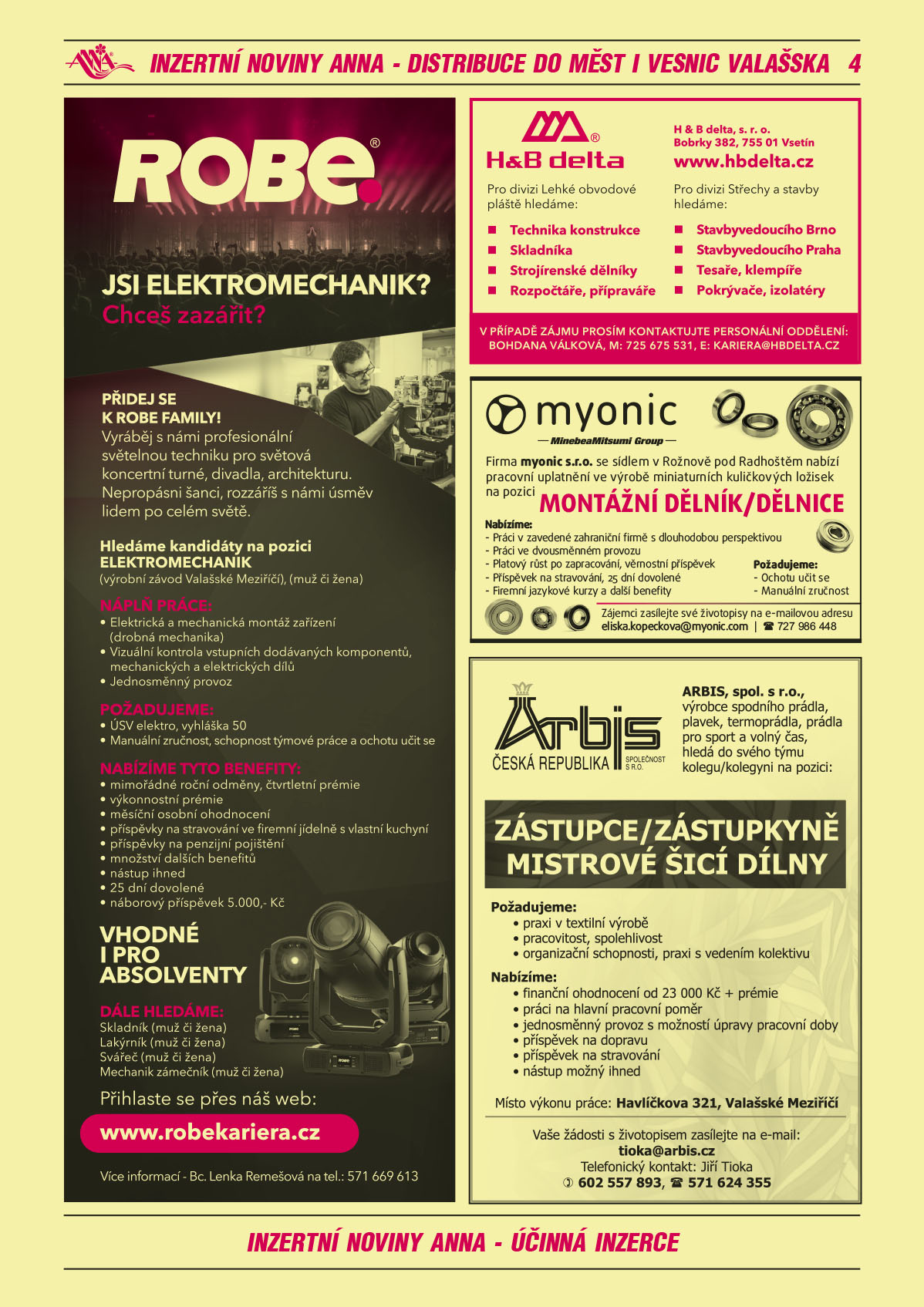 ROBE lighting s.r.o. Jsi elektromechanik? Chceš zazářit? Přidej se k ROBE family. Vyráběj s námi profesionální světelnou techniku pro světová koncertní turné, divadla, architekturu. Nepropásni šanci, rozzáříš s námi úsměv lidem po celém světě. Hledáme kandidáty na pozici elektromechanik, výrobní závod Valašské Meziříčí, muž či žena. Náplň práce: elektrická a mechanická montáž zařízení (drobná mechanika), vizuální kontrola vstupních dodávaných komponentů, mechanických a elektrických dílů, jednosměnný provoz. Požadujeme: ÚSV elektro, vyhláška 50, manuální zručnost, schopnost týmové práce a ochotu učit se. Nabízíme tyto benefity: mimořádné roční odměny, čtvrtletní prémie, výkonnostní prémie, měsíční osobní ohodnocení, příspěvky na stravování ve firemní jídelně s vlastní kuchyní, příspěvky na penzijní pojištění, množství dalších benefitů. Nástup možný ihned, 25 dní dovolené, náborový příspěvek 5 000 Kč. Vhodné i pro absolventy. Dále hledáme: Skladník (muž či žena), Lakýrník (muž či žena), Svářeč (muž či žena), Mechanik zámečník (muž či žena). Přihlaste se přes náš web: www.robekariera.cz. Více informací Bc. Lenka Remešová, T 571 669 613H & B delta, s.r.o., Bobrky 382, Vsetín, www.hbdelta.cz pro divizi Lehké obvodové pláště hledáme: technika konstrukce, skladníka, strojírenské dělníky, rozpočtáře, přípraváře. Pro divizi Střechy a stavby hledáme: stavbyvedoucího Brno, stavbyvedoucího Praha, tesaře, klempíře, pokrývače, izolatéry. V případě zájmu prosím kontaktujte personální oddělení: Bohdana Válková, m 725 675 531, kariera@hbdelta.czmyonic s.r.o. se sídlem v Rožnově pod Radhoštěm nabízí pracovní uplatnění ve výrobě miniaturních kuličkových ložisek na pozici Dělník/dělnice. Požadujeme: manuální zručnost, ochotu učit se. Nabízíme: práci v zavedené zahraniční firmě s dlouholetou perspektivou, práci ve dvousměnném provozu, platový růst po zapracování, věrnostní příspěvek, příspěvek na stravování, 25 dní dovolené, firemní jazykové kurzy a další benefity. Zájemci zasílejte své životopisy na eliska.kopeckova@myonic.com, T 724 986 448ARBIS, spol. s r.o., výrobce spodního prádla, plavek, termoprádla, prádla pro sport a volný čas, hledá do svého týmu kolegu/kolegyni na pozici: ZÁSTUPCE/ZÁSTUPKYNĚ MISTROVÉ ŠICÍ DÍLNY. Požadujeme: praxi v textilní výrobě, pracovitost, spolehlivost, organizační schopnosti, praxi s vedením kolektivu. Nabízíme: finanční ohodnocení od 23 000 Kč + prémie, práci na hlavní pracovní poměr, jednosměnný provoz s možností úpravy pracovní doby, příspěvek na dopravu, příspěvek na stravování, nástup možný ihned. Místo výkonu práce: Havlíčkova 321, Valašské Meziříčí, vaše žádosti s životopisem zasílejte na e-mail: tioka@arbis.cz, T Jiří Tioka, T 602 557 893, 571 624355 