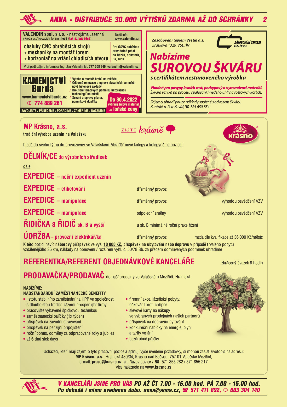 VALENDIN spol. s r.o. nástrojárna v Jasenná, výroba vstřikovacích forem hledá (taktéž brigádně) obsluhy CNC obráběcích strojů + mechaniky na montáž forem + horizontař na vrtání chladicích otvorů. Pro OSVČ nabízíme pravidelně práci na frézku, soustruh, Bk, BPH. V případě zájmu informace Ing. Jan Valendin tel. 777 308 840, valendin@valendin.cz, www.valendin.czKamenictví Burda www.kamenictviburda.cz, T 774 889 261, Do 30.4.2022 vybraný žulový materiál za loňské ceny. Zavolejte, přijedeme, poradíme, zaměříme, naceníme. Výroba a montáž hrobů na zakázku, odborné renovace a opravy stávajících pomníků, nové betonové základy, broušení teracových pomníků bezprašnou technologií na místě, sekání a opravy písma, pomníkové doplňkyZásobování teplem Vsetín a.s., Jiráskova 1326, Vsetín, Nabízíme surovou škváru s certifikátem nestanoveného výrobku. Vhodné pro posypy lesních cest, podsypový a vyrovnávací materiál. Škvára vzniká při procesu spalování hnědého uhlí na roštových kotlích. Zájemci uhradí pouze náklady spojené s odvozem škváry. Kontakt p. Petr Kovář, tel. 724 650 854MP Krásno, a.s.	tradiční výrobce uzenin na Valašsku hledá do svého týmu do provozovny ve Valašském Meziříčí nové kolegy a kolegyně na pozice: DĚLNÍK/CE do výrobních středisek a  dále EXPEDICE – noční expedient uzenin, EXPEDICE – etiketování třísměnný provoz, EXPEDICE -  manipulace  třísměnný provoz, výhodou osvědčení VZV, EXPEDICE -  manipulace  odpolední směny, výhodou osvědčení VZV,  ŘIDIČKU a ŘIDIČE  sk. B a výše  - u sk. B minimálně roční praxe řízení, ÚDRŽBA – provozní elektrikář/ka třísměnný provoz, mzda dle kvalifikace až 36 000,- Kč/měsíc. K této pozici navíc náborový příspěvek ve výši 10 000 Kč, příspěvek na ubytování nebo dopravu v případě trvalého pobytu vzdálenějšího 35 km, náklady na obnovení / rozšíření vyhl.č. 50/78 Sb. za předem domluvených podmínek uhradíme.   REFERENTKU/REFERENTA OBJEDNÁVKOVÉ KANCELÁŘE zkrácený úvazek 6hodin, PRODAVAČKU/PRODAVAČE do naší prodejny Valašské Meziříčí, Hranická. NABÍZÍME: NADSTANDARTNÍ ZAMĚSTNANECKÉ BENEFITY: jistotu stabilního zaměstnání na HPP ve společnosti s dlouholetou tradicí, zázemí prosperující firmy, pracoviště vybavené špičkovou technikou, roční bonus, odměny za odpracované roky a jubilea, zaměstnanecké balíčky (1x týden), až 6 dnů sick days, příspěvek na závodní stravování, firemní akce, lázeňské pobyty, očkování proti chřipce, příspěvek na penzijní připojištění, slevové karty na nákupy  ve vybraných prodejnách našich partnerů, příspěvek na dopravu/ubytování, konkureční nabídky na energie, plyn a tarify volání,                                                                           bezúročné půjčky. Uchazeči, kteří mají zájem o tyto pracovní pozice a splňují výše uvedené požadavky si mohou zaslat životopis na adresu: MP Krásno, a.s., Hranická 430/34, Krásno nad Bečvou, 757 01 Valašské Meziříčí, E-mail: prace@krasno.cz, zn. název pozice, tel 571 855 282/ 571 855 217, více naleznete na www.krasno.cz 