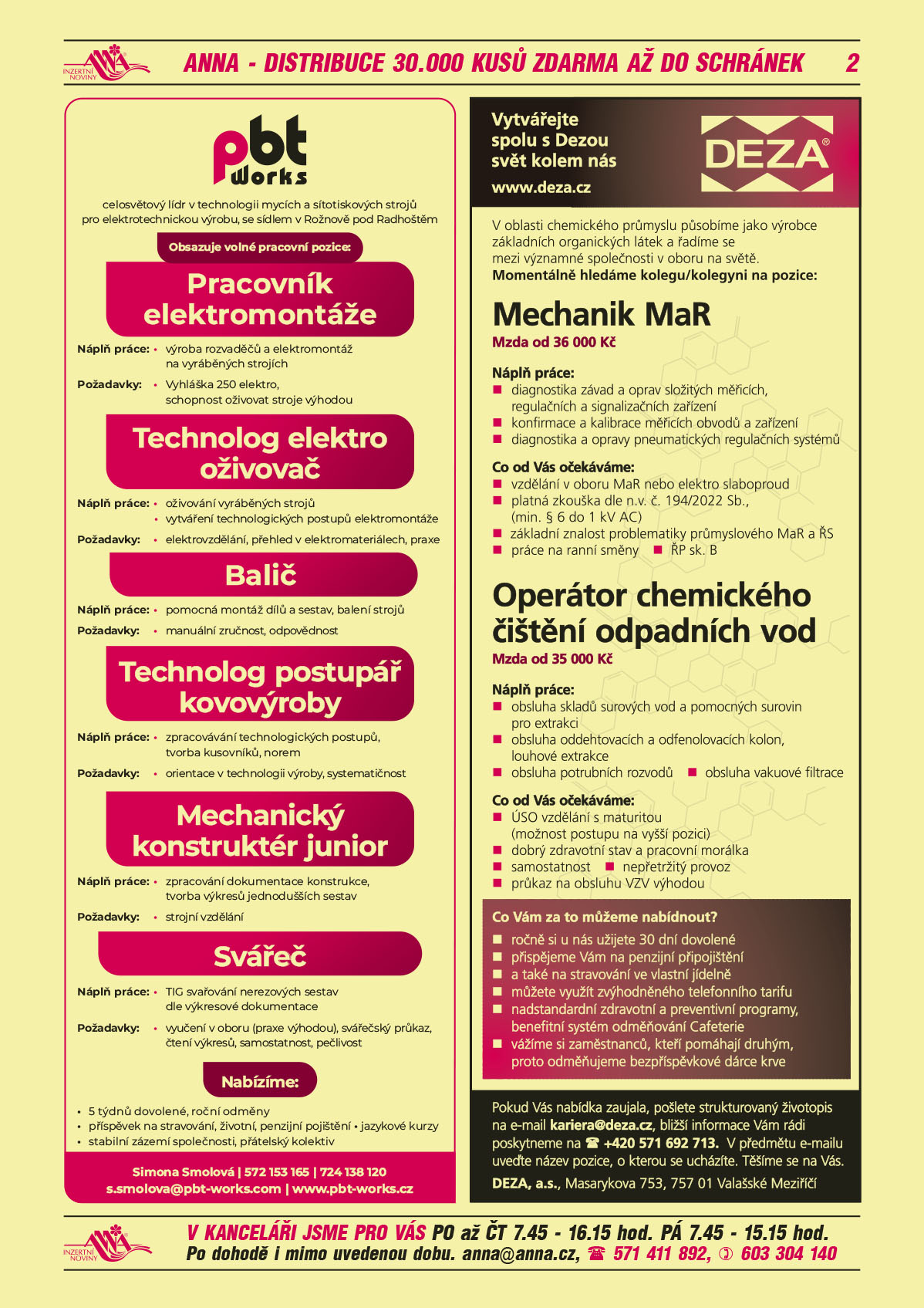 PBT Works s.r.o. Rožnov pod Radhoštěm, celosvětový leader v technologii mycích a sítotiskových strojů pro elektrotechnickou výrobu obsazuje pozice: Pracovník elektromontáže. Náplň práce: výroba rozvaděčů a elektromontáž na vyráběných strojích. Požadavky: Vyhláška 250, schopnost oživovat stroje výhodou. Technolog elektro oživovač: Náplň práce: Oživování vyráběných strojů, vytváření technologických postupů elektromontáže.  Požadavky: elektrovzdělání, přehled v elektromateriálech, praxe. Balič Náplň práce: pomocná montáž dílů a sestav, balení strojů. Požadavky: manuální zručnost, odpovědnost. Technolog postupář kovovýroby Náplň práce: zpracovávat technologické postupy, tvorba kusovníků, norem. Požadavky: orientace v technologii výroby, systematičnost. Mechanický konstruktér junior. Náplň práce: zpracování dokumentace konstrukce, tvorba výkresů jednodušších sestav. Požadavky: strojní vzdělání. Svářeč Náplň práce: TIG svařování nerezových sestav dle výkresové dokumentace. Požadavky: vyučení v oboru (praxe výhodou), svářečský průkaz, čtení výkresů, samostatnost, pečlivost. Nabízíme: 5 týdnů dovolené, roční odměny, příspěvek na stravování, životní, penzijní pojištění, jazykové kurzy, stabilní zázemí společnosti, přátelský kolektiv. Simona Smolová, T 572 153 165, T 724 138 120, s.smolova@pbt-works.com, www.pbt-works.czDEZA Vytvářejte spolu s Dezou svět kolem nás, www.deza.cz. V oblasti chemického průmyslu působíme jako výrobce základních organických látek a řadíme se mezi významné společnosti v oboru na světě. Momentálně do něj hledáme kolegu/kolegyni na pozice: Mechanik MaR. Mzda od 36 000 Kč. Náplň práce: diagnostika závad a oprav složitých měřicích, regulačních a signalizačních zařízení, konfirmace a kalibrace měřicích obvodů a zařízení, diagnostika a opravy pneumatických regulačních systémů. Co od Vás očekáváme? vzdělání v oboru MaR nebo elektro slaboproud, platná zkouška dle n.v. č. 194/2022 Sb., (min. § 6 do 1 kV AC), základní znalost problematiky průmyslového MaR a ŘS, ŘP sk. B, práce na ranní směny. Operátor chemického čištění odpadních vod. Mzda od 35 000 Kč. Náplň práce: obsluha skladů surových vod a pomocných surovin pro extrakci, obsluha oddehtovacích a odfenolovacích kolon, louhové extrakce, obsluha potrubních rozvodů, obsluha vakuové filtrace. Co od Vás očekáváme: ÚSO vzdělání s maturitou (možnost postupu na vyšší pozici), dobrý zdravotní stav a pracovní morálka, samostatnost, nepřetržitý provoz, průkaz na obsluhu VZV výhodou. Co Vám za to můžeme nabídnout? Ročně si u nás užijete 30 dní dovolené. Přispějeme Vám na penzijní připojištění, a také na stravování ve vlastní jídelně, můžete využít zvýhodněného telefonního tarifu, nadstandardní zdravotní a preventivní programy, benefitní systém odměňování Cafeterie, vážíme si zaměstnanců, kteří pomáhají druhým, proto odměňujeme bezpříspěvkové dárce krve. Pokud Vás nabídka zaujala, pošlete strukturovaný životopis na e-mail kariera@deza.cz, bližší informace Vám rádi poskytneme na tel. +420 571 69 2713. V předmětu e-mailu uveďte název pozice, o kterou se ucházíte. DEZA, a.s., Masarykova 753, 757 01 Valašské Meziříčí 